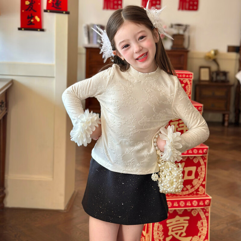 栀了成长记童装女童国风百搭打底衫2025冬季儿童休闲圆领修身上衣 白色 打底衫 150 cm