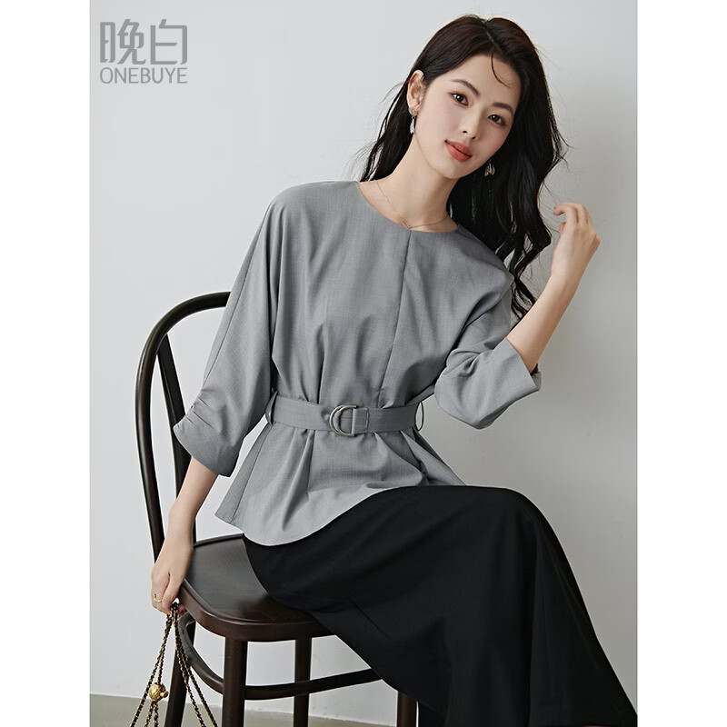 晚白【新品】2026年春款格雷系气质通勤设计感上衣系带收腰小廓形衬衫 浅灰色 M