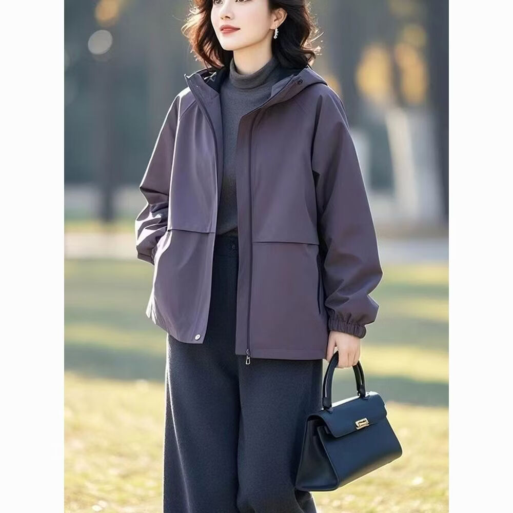 俞兆林妈妈春秋时尚休闲冲锋衣外套女2026春秋宽松遮肉百搭连帽夹克上衣 紫色(有里布)春秋款 2XL (建议130-145斤)