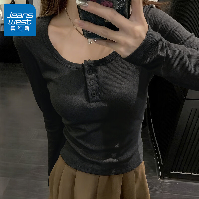 真维斯（Jeanswest）亨利领修身内搭长袖打底衫上衣女春秋季2026新款流行爆款穿搭T恤 黑色 纯色 M