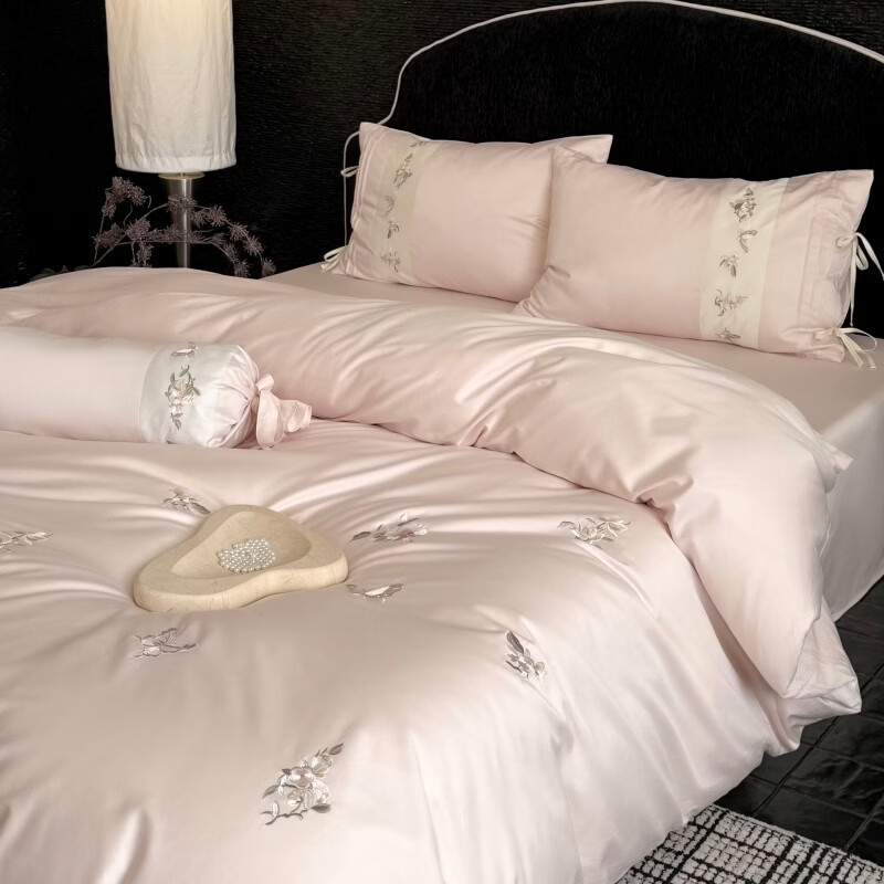 ROLAND LIVE春季新款长绒棉床上用品四件套精密刺绣全棉被套床单枕套三件套 LB 长绒棉刺绣套件-境花辞粉色 1.2米床 床单款 【被套150*200cm】