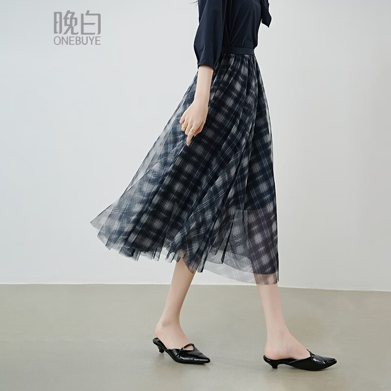 晚白2026年春款经典复古格纹松紧腰半裙气质减龄层次感纱裙大摆半身裙 深蓝色 L