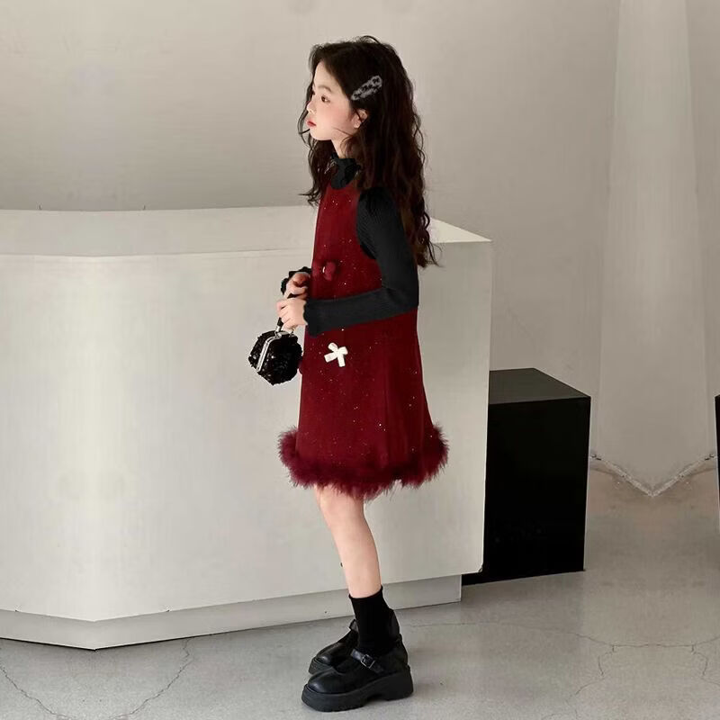 甜贝星女童红色连衣裙秋冬季2025新款女孩拜年服儿童超好看加绒裙子套装 黑色套装 170