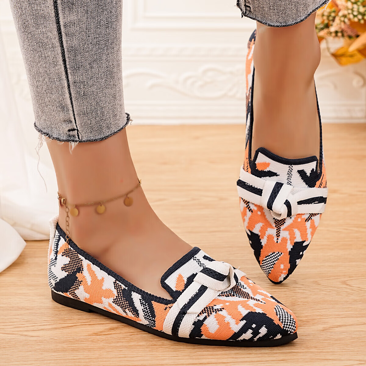 显瘦尖头大码平底单鞋女2025时尚飞织一脚蹬蝴蝶结休闲透气拼色单 黄叶花 36