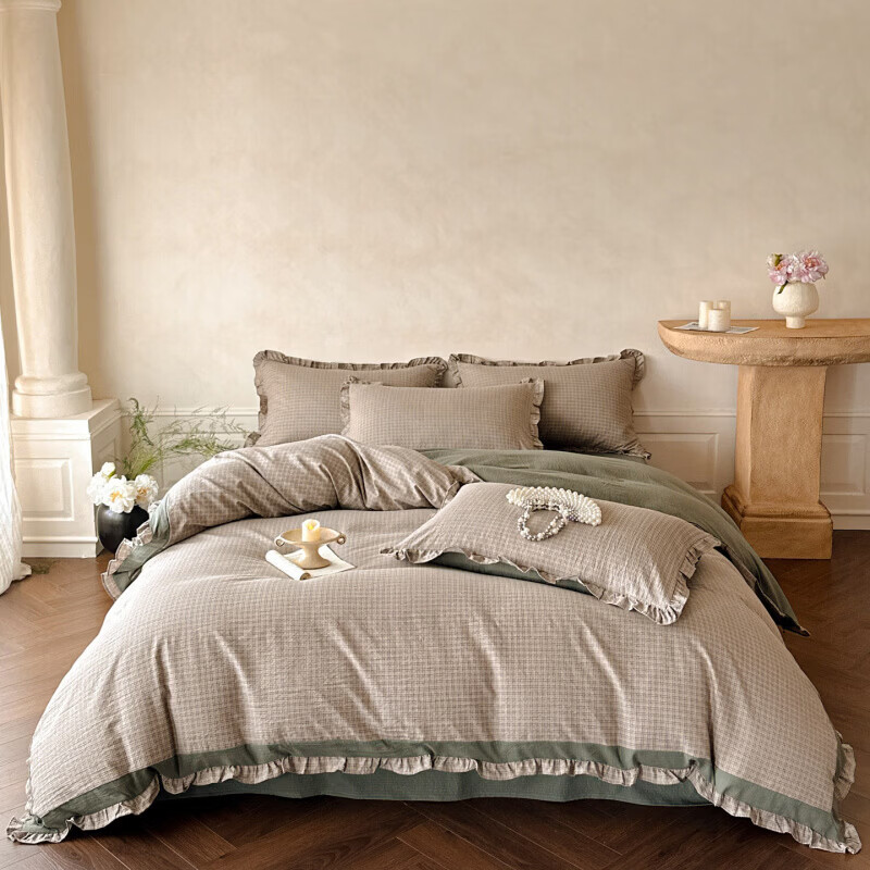 水星家纺床上四件套纯棉床单被套印花边亲肤棉裸睡四季床上用品 往事-深灰色 床单款 2.0m四件套