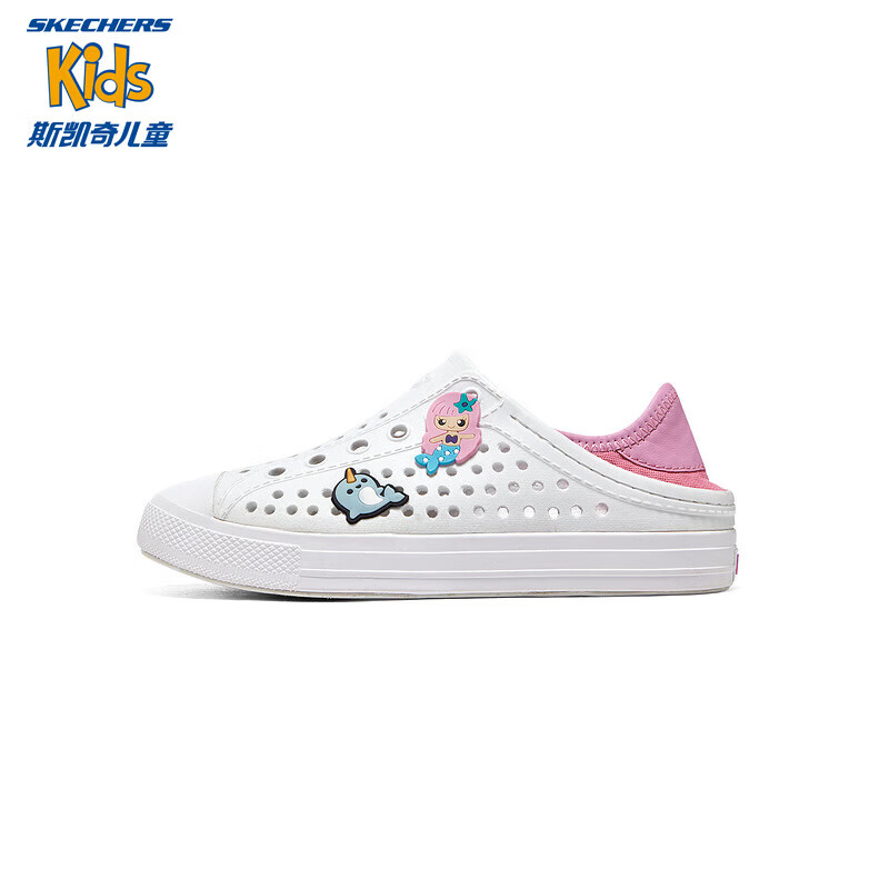 Skechers斯凯奇儿童鞋一脚蹬包头凉鞋夏季男女洞洞鞋中大童沙滩鞋308310L 女童/白色/WHT 35