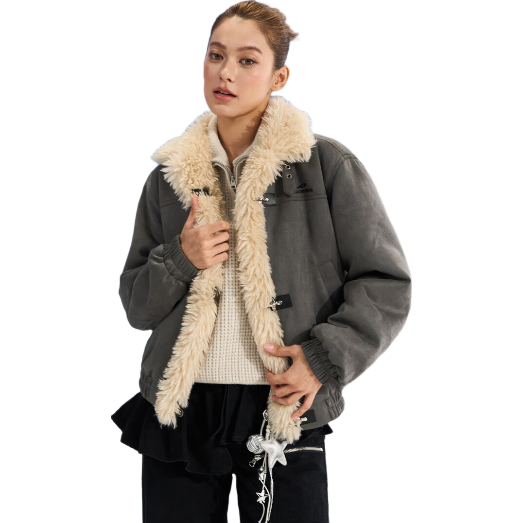 F426国潮牌冬季新款加绒短款仿麂皮仿羊羔毛外套棉服 灰色 M