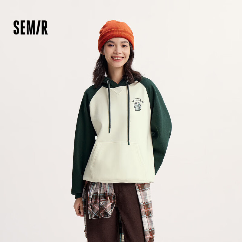 森马（Semir）卫衣女秋冬季中长款宽松立领抓绒上衣刺绣撞色连帽舒适内搭学院风 【C款】白绿色调00314 L 165/88A