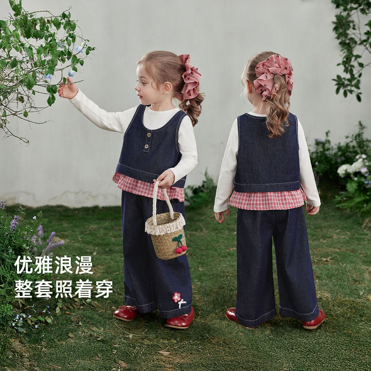 JELLYBABY【法式长袖T恤牛仔马甲裤子套装】26新品春款女童三件套中童 牛仔蓝 105