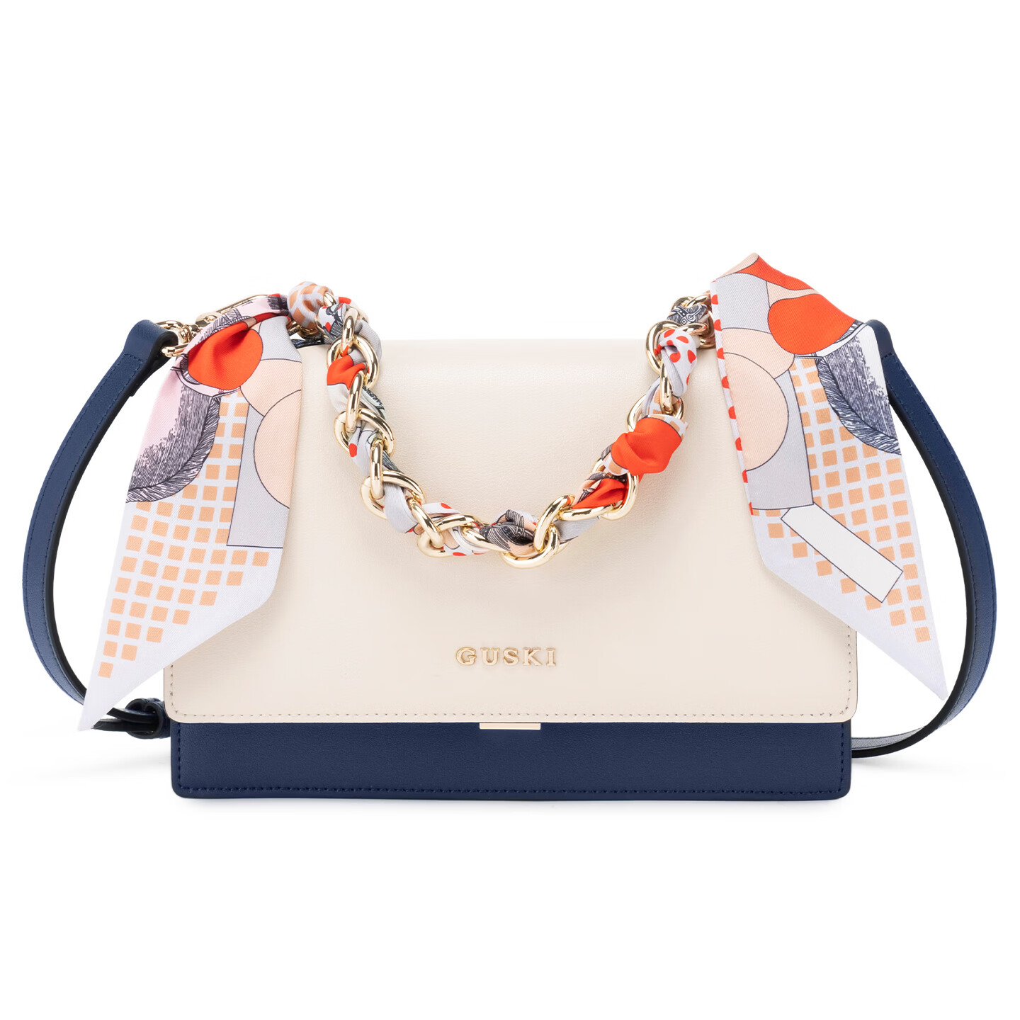 GUSKI法国奢侈品牌链条包撞色单肩手提丝巾牛皮斜挎包包生日情人节礼物 Off-white米白色 送女友送老婆送妈妈