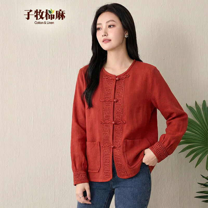 子牧棉麻2025秋装 女小香风针织外套新中式国风盘扣上衣开衫5581 红色 均码 (建议95-140斤)