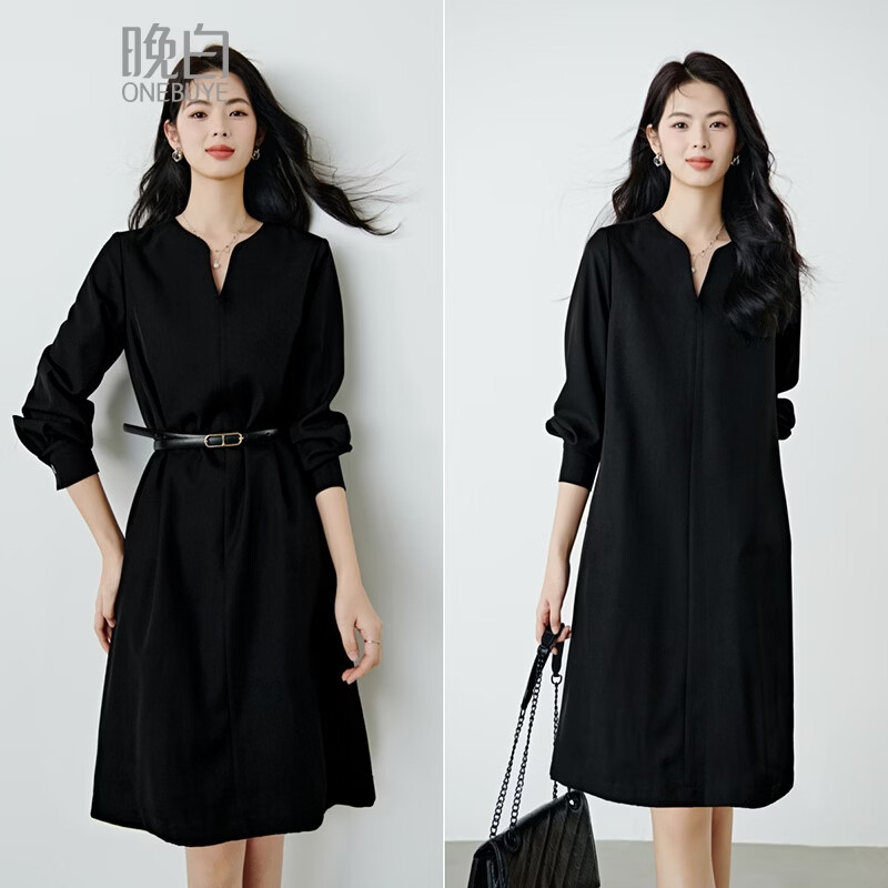 晚白【高包容度大码系列】2026春款经典圆领直筒裙系带收腰长袖连衣裙 黑色 XL