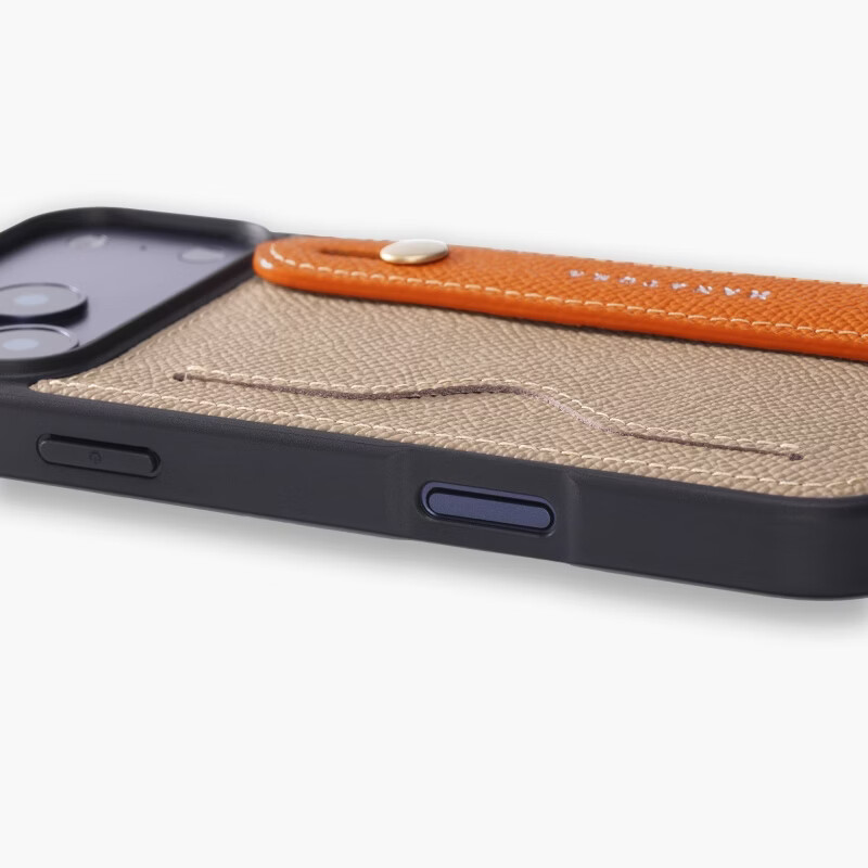 花虎（HANATORA）苹果17/16/15Promax手机壳新款日式真皮iPhone15/14pro高端全包防摔腕带挂绳带支架卡包男女款Air 【风衣灰+橙】配挂脖绳 iPhone 17 Pro
