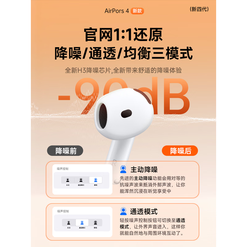 华强北爆款【官配正品丨华强北AirPods4代降噪版】蓝牙耳机适配苹果主动降噪无线2025新款半入耳式iPhone17 【主动降噪版全功能pods4】 ANC主动降噪+空间音频