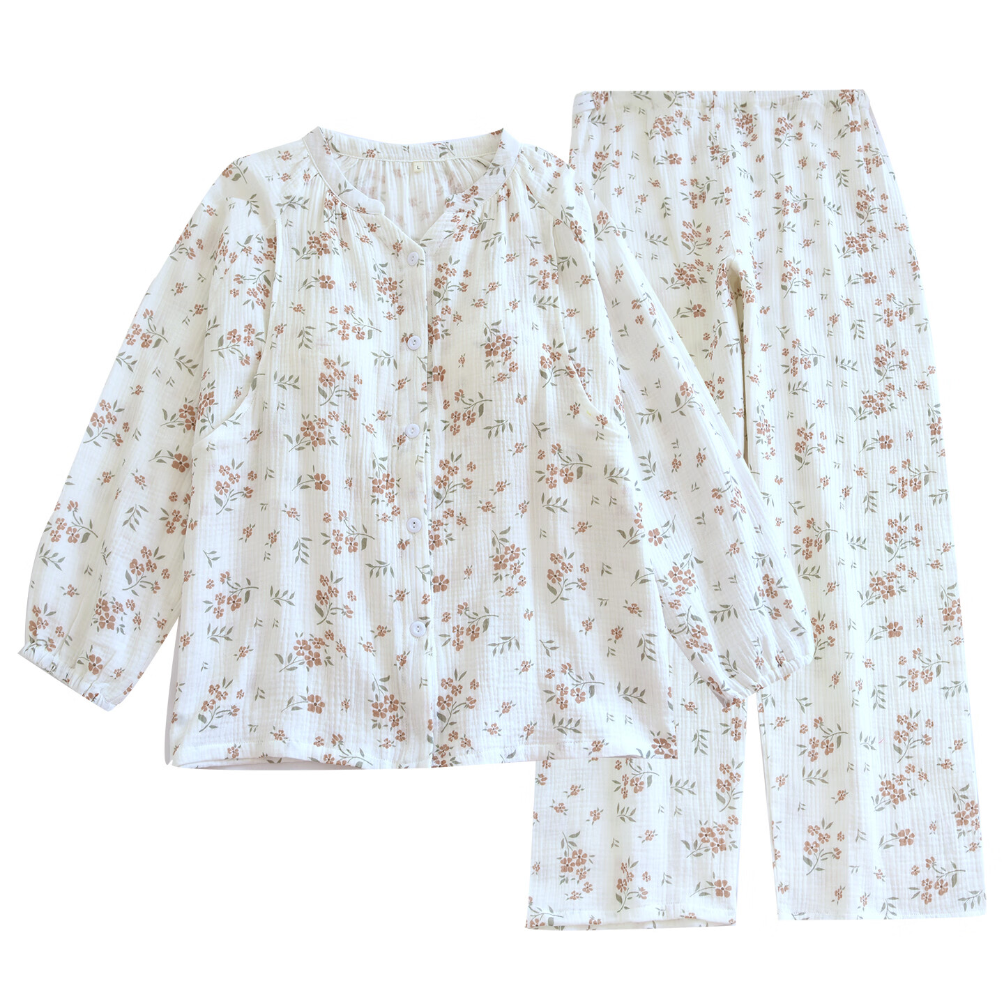 ROVO月子服纯棉吸汗带胸垫产妇哺乳睡衣女产后喂奶孕妇家居服套装 春风绯花 XL