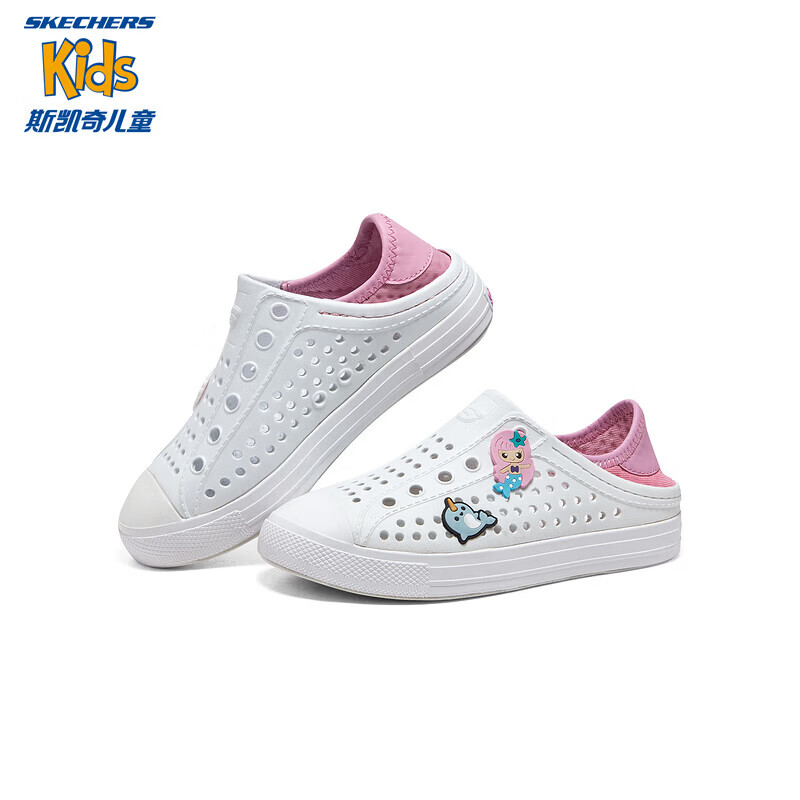 Skechers斯凯奇儿童鞋一脚蹬包头凉鞋夏季男女洞洞鞋中大童沙滩鞋308310L 女童/白色/WHT 35