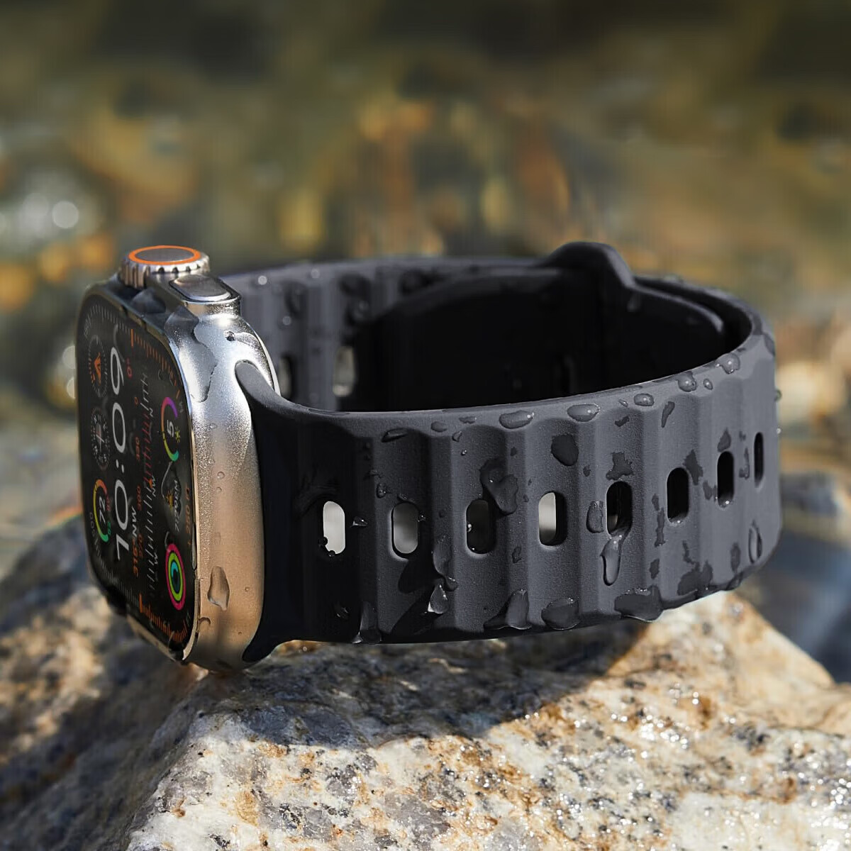 碼仕適用手表表帶 iwatch運(yùn)動(dòng)硅膠方扣ultra3/S/10/9/8/7/6柔軟透 黑色[44/45/46/49mm]