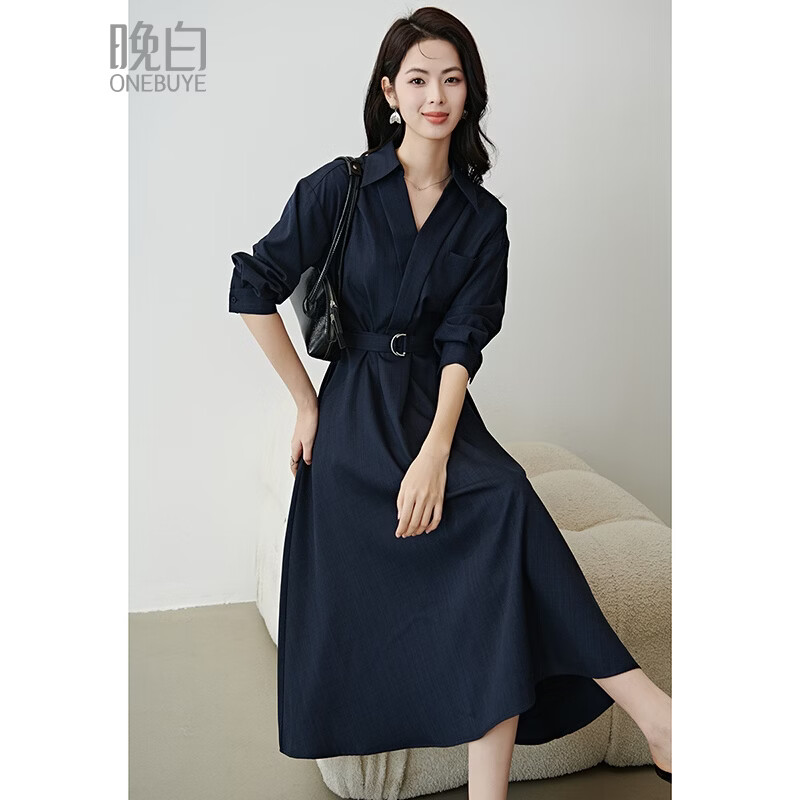 晚白【新品】2026春款行政蓝知性风V型翻领衬衫裙系带收腰大码连衣裙 深蓝色 XL