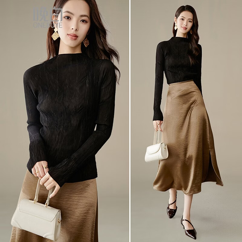 晚白【断码清仓】2026春款经典立领内搭修身显瘦时尚百搭打底衫女 黑色 M