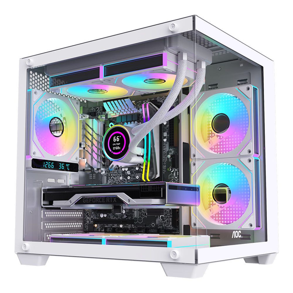 AOCCG391W白色 游戏电脑主机海景房机箱 双面玻璃/支持MATX主板/240水冷/7风扇位/270°全景/左右分仓