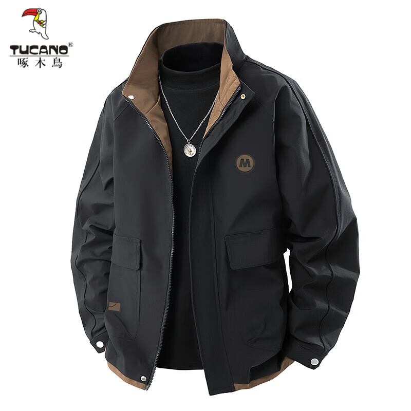 啄木鸟（TUCANO）大码外套男春秋款潮流百搭立领上衣宽松加肥加大胖子男装飞行夹克 FJB528-1702黑色 2XL 160-180斤