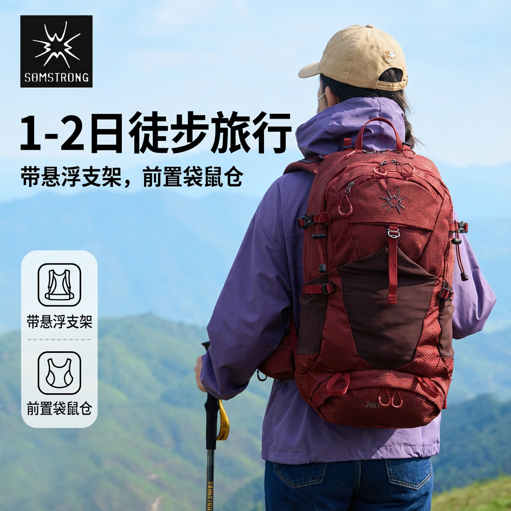 杉木山装户外登山包女龙卷风背包男轻便双肩30L徒步旅行悬浮背负 酒红色