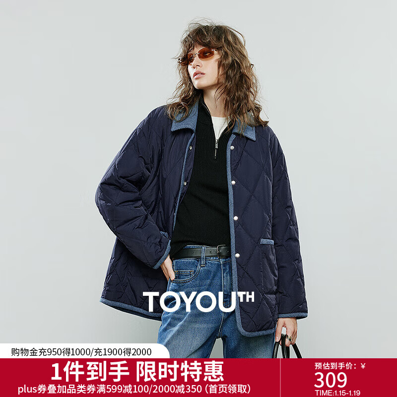 初语棉衣女2025冬季新款撞色拼接复古菱格保暖外套宽松衬衫式棉服 藏青色 L