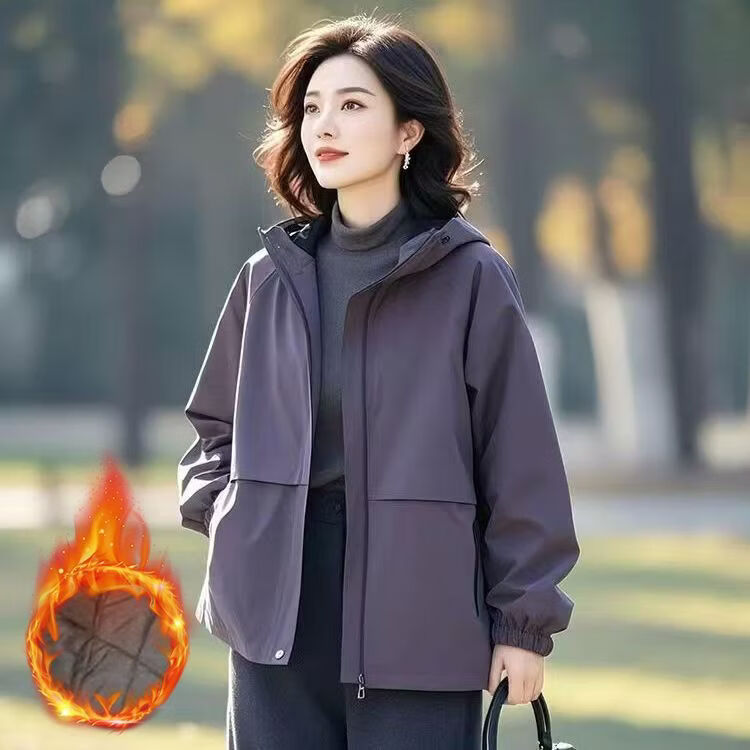 俞兆林妈妈春秋时尚休闲冲锋衣外套女2026春秋宽松遮肉百搭连帽夹克上衣 紫色(有里布)春秋款 2XL (建议130-145斤)