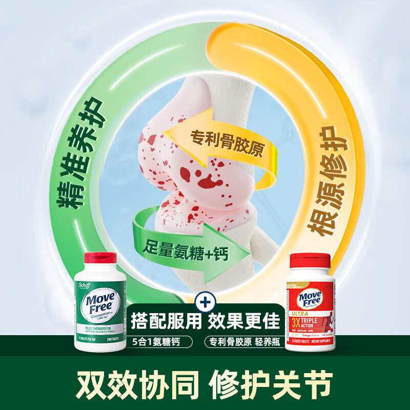 益节(Move Free)氨糖软骨素钙片 美国原装进口 维骨力中老年人 5合1 【家用+便携】高钙氨糖 240粒*1瓶 +80粒