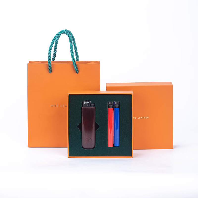 一皮（ONE LEATHER）草蜢打火机皮套真皮手工无缝工艺 草蜢打火机套礼盒个性高档礼品 酒红色礼盒（含打火机）
