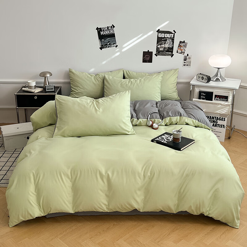10A抗菌四件套学生宿舍三件套床单被套小清新套件 绿浅灰 床单款 三件套（被套150*200cm）