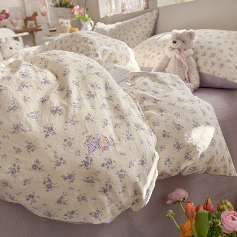 一默四件套2026款A类古法水洗仿棉云感纱被套床单床笠枕套家用四件套 花集小兔 2.0m 床单款 （被套200*230cm） 四件套