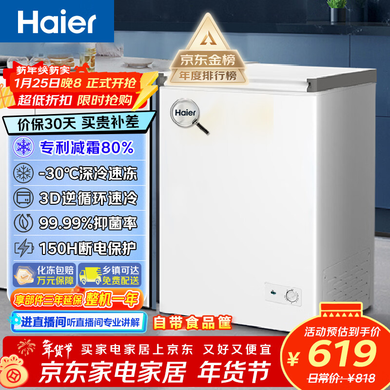 海尔（Haier）冰柜家用商用大容量小冰箱小型100/200/300升以上小冷柜一级能效节能冷藏柜冷冻柜以旧换新 减霜80%｜150h断电保护 100L -30°C