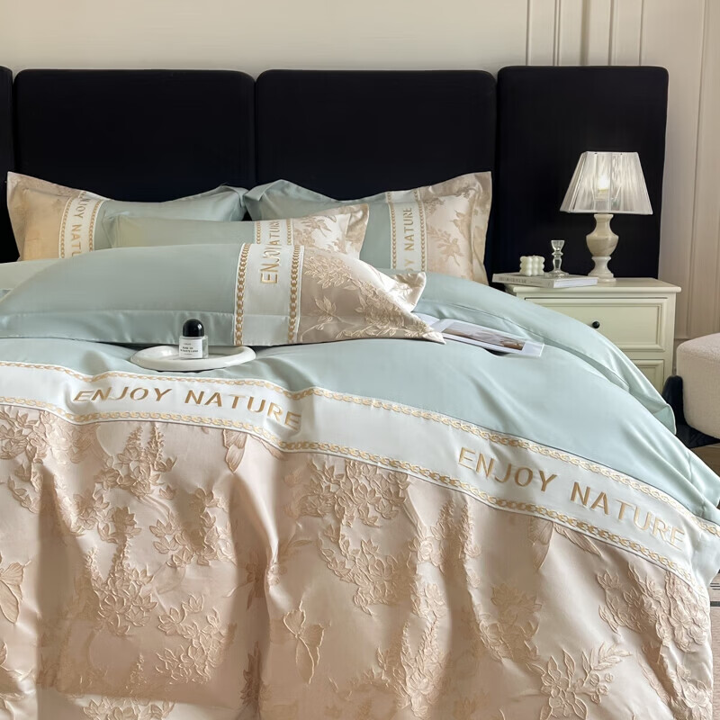 水星家纺四件套长绒棉纯棉亲肤棉浮雕刺绣被套床单床笠款床上用品 盛世年华-繁星蓝 床单款 1.8四件套-被套200x230