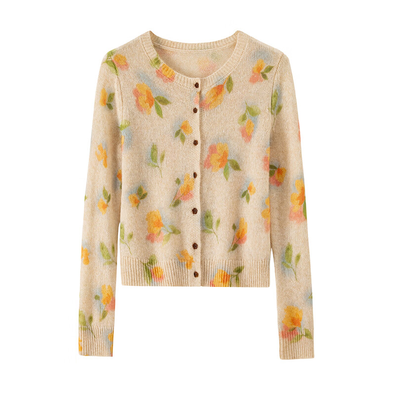 banana cici2026年春季新款天丝羊驼羊毛花卉圆领长袖针织开衫C2S1MY506 杏色 L