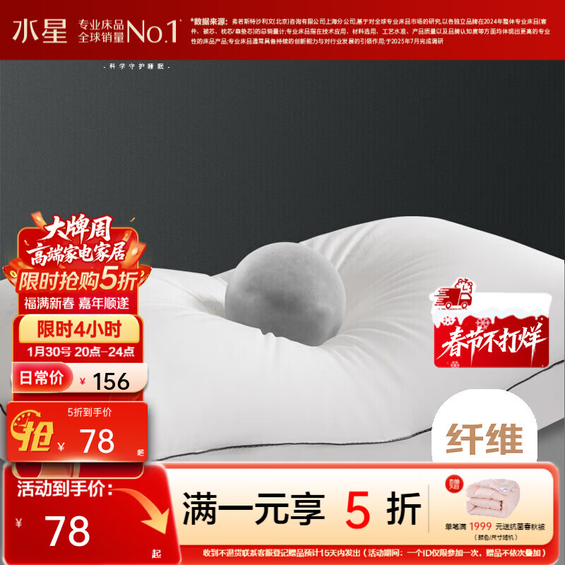 水星家纺 枕头颈椎枕成人睡觉家用舒适酒店可水洗纯棉枕芯  74*48cm 纯棉低枕【可水洗/对枕】