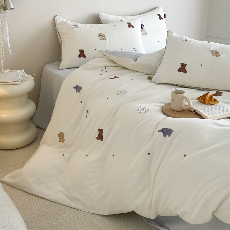 ROLAND LIVE全棉双层纱软萌卡通四件套亲肤透气被套床单儿童卧室三件套 KZ 全棉双层纱套件-动物园香槟白 1.2米床 床单款 【被套150*200cm】