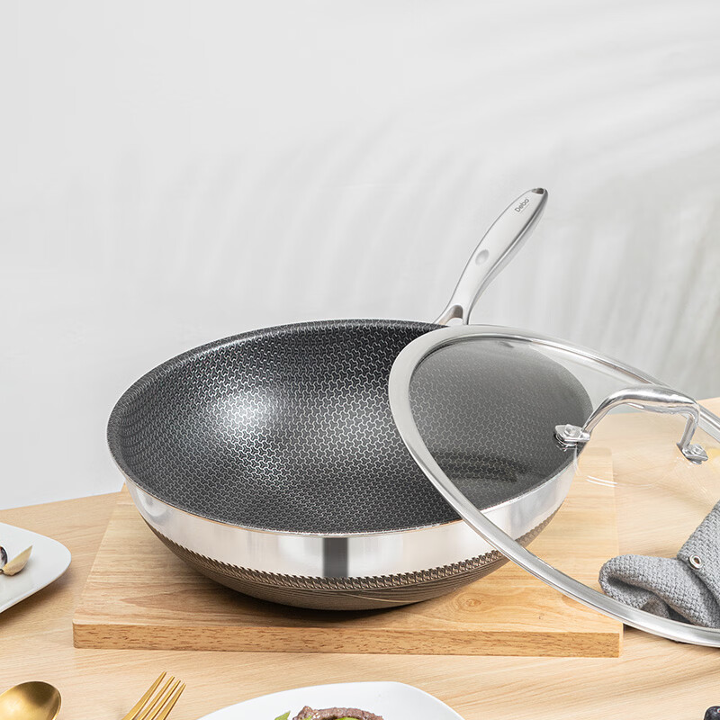 Debo德铂316L不锈钢炒锅蜂窝不粘耐磨轻油少烟易清洗不挑灶家用炒菜锅