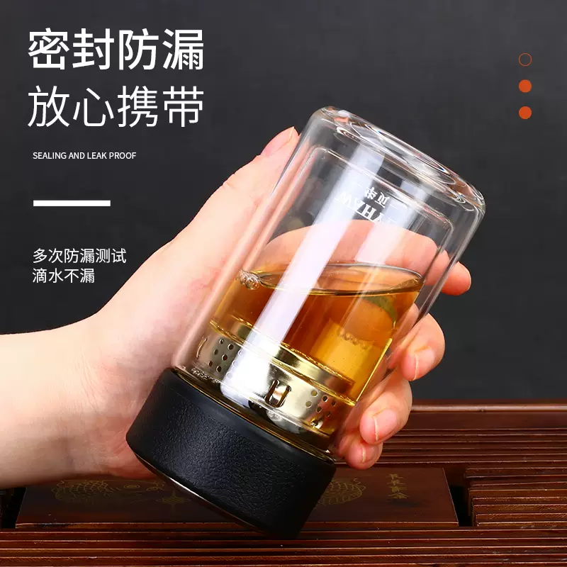 双层耐热玻璃杯男女士带手柄水杯子办公泡茶杯直身小巧便携200ml 带手柄350ml蓝色