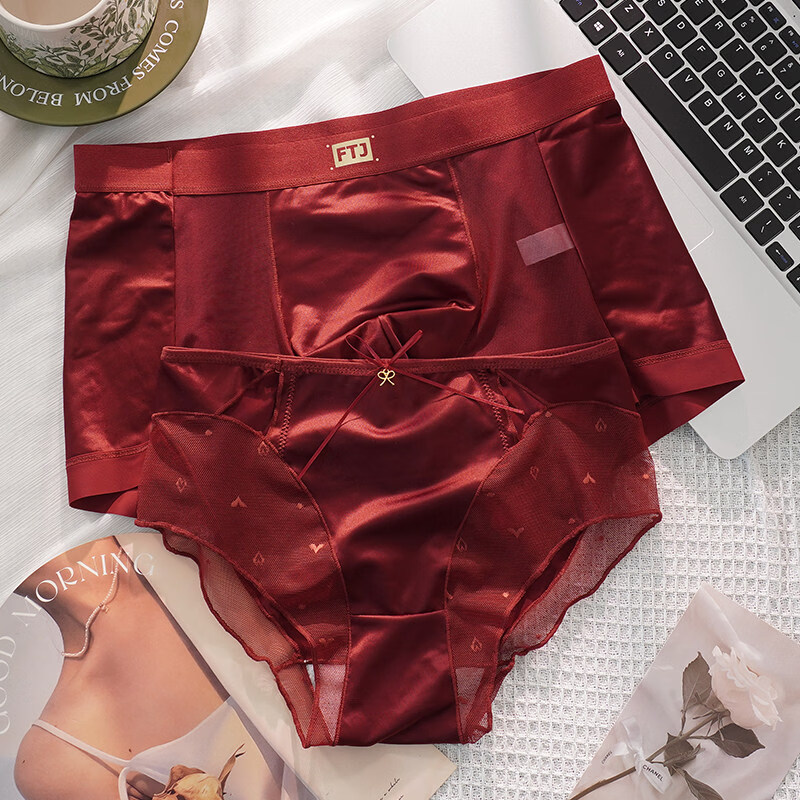 羅亨士情侣内裤红色一男一女生冰丝蕾丝性感双人诱惑情趣夫妻房事底裤衩 侧大蝴蝶结 2条 2XL 男+女L码
