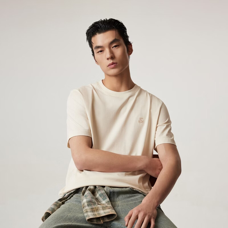 杰克·琼斯(JACK&JONES)26年男装新款【凉感】短袖T恤男士简约纯色透气打底耐洗半袖 A05乳白色 常规 XXS (160)