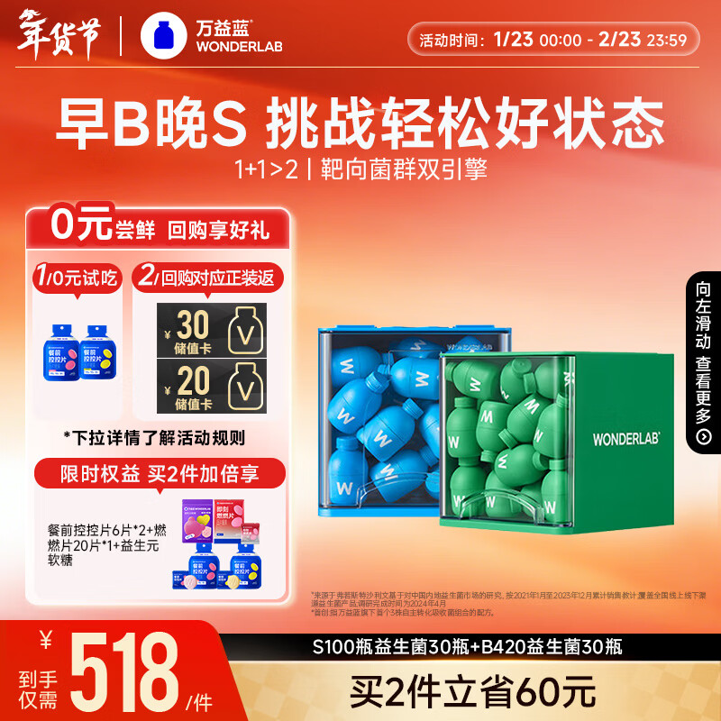 万益蓝WonderLab 早B晚S组合30瓶+30瓶 B420益生菌S100益生元棕色脂肪