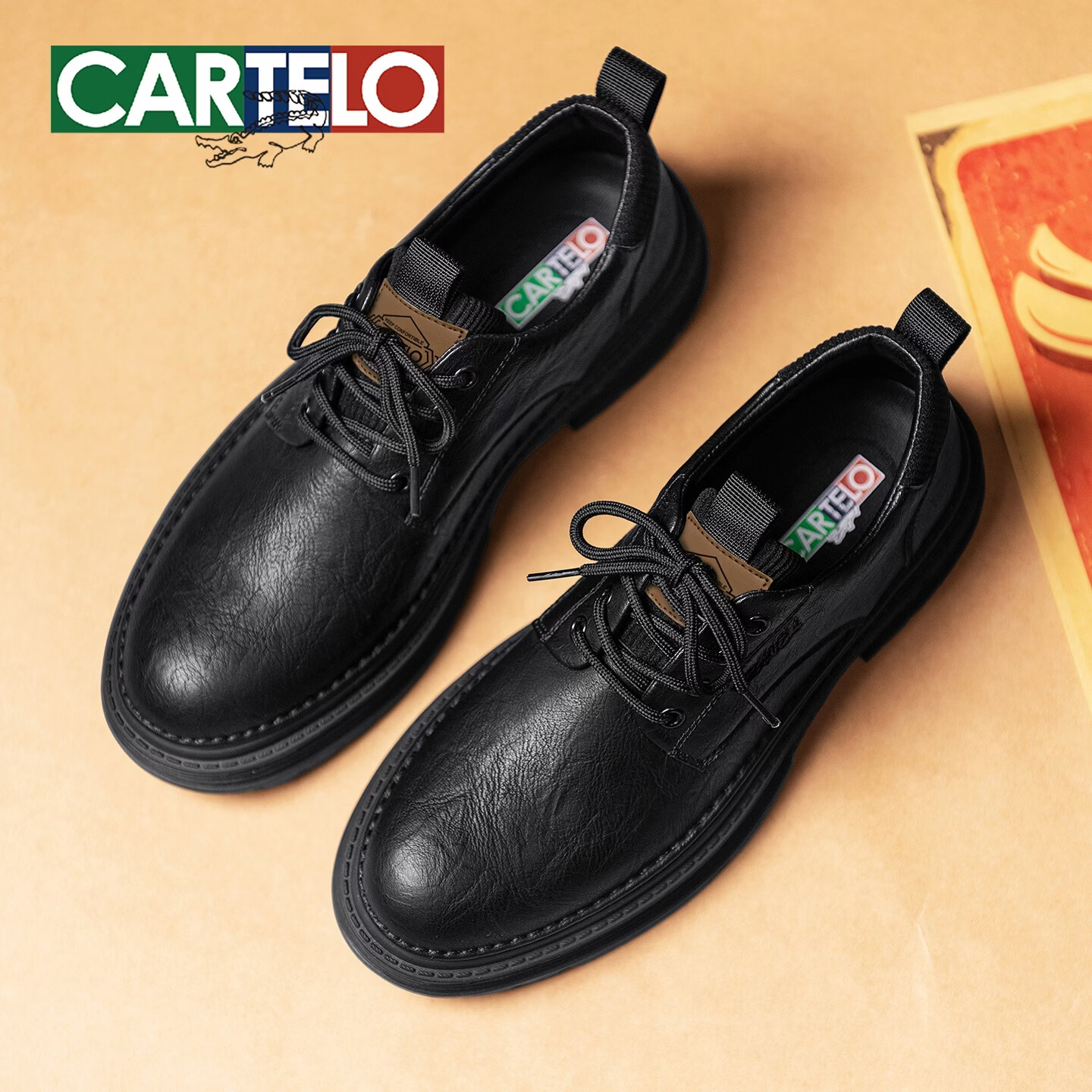 卡帝乐鳄鱼(CARTELO)新款皮鞋男休闲英伦风马丁靴正装商务鞋子男黑色复古软底工装鞋男 黑色 44 (270mm) 标准皮鞋尺码