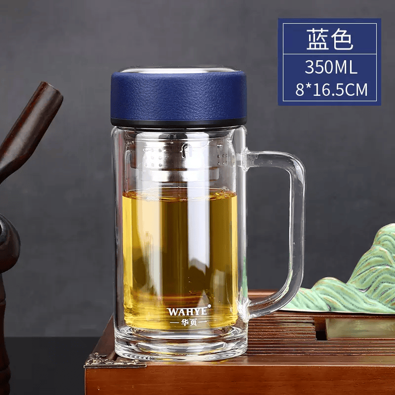 双层耐热玻璃杯男女士带手柄水杯子办公泡茶杯直身小巧便携200ml 带手柄350ml蓝色