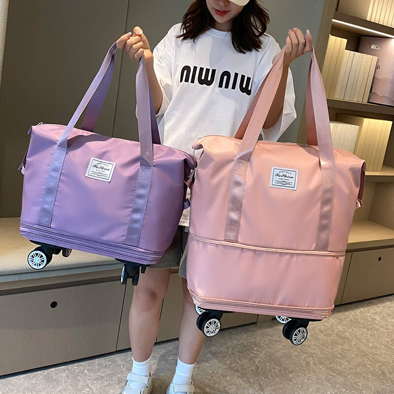 轮旅行包廉航登机包运动旅游包行李袋带滑 深蓝色万向轮款_可扩展三层