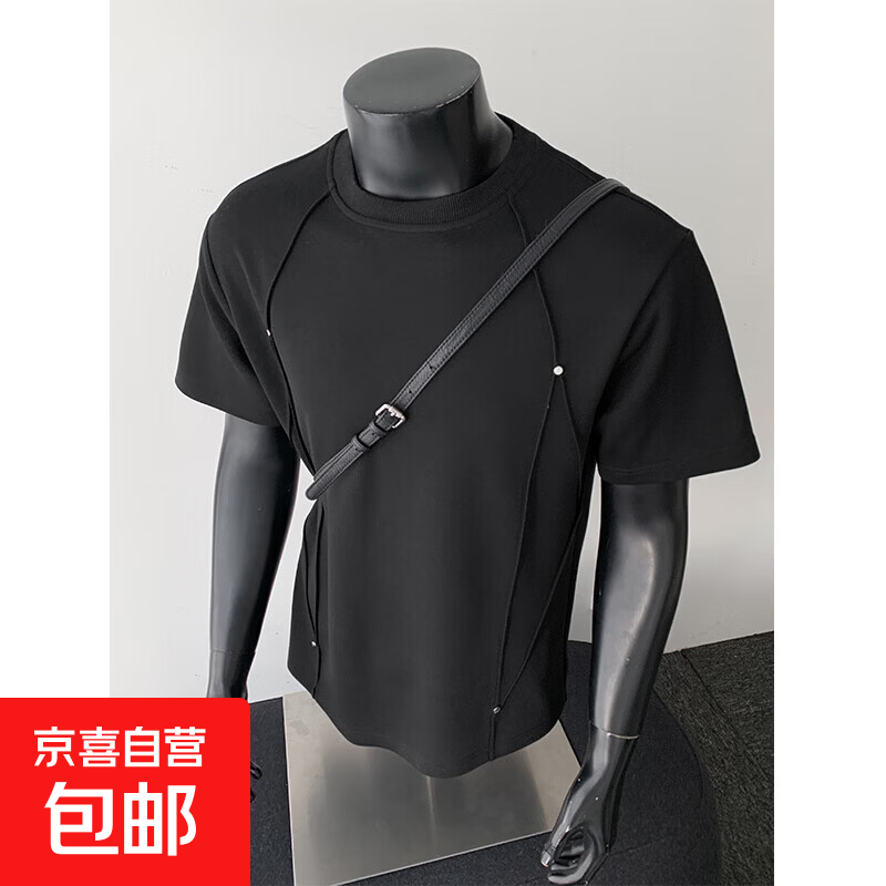 美式复古短袖t恤男2026夏季潮流宽松重磅铆钉设计感五分半袖体恤 黑色 5XL