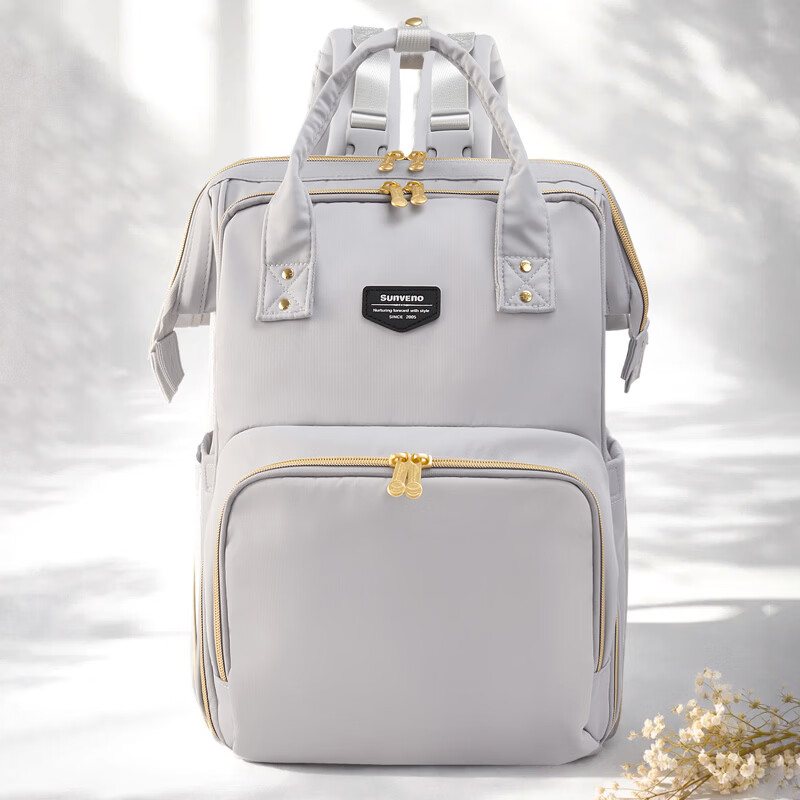 三美嬰母嬰包大容量媽媽包外出時尚手提雙肩包媽咪包母嬰外出輕便 淺灰色（25L大容量/送隔尿墊）