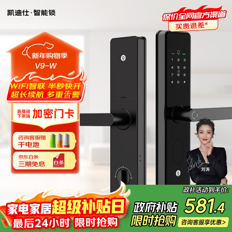 凯迪仕（KAADAS）V9智能门锁指纹密码锁入户门防盗门电子锁一握即开智能锁 V9-W