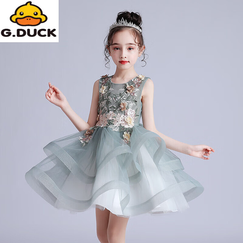 G.duck儿童礼服公主裙夏装花童生日走秀六一演出服蓬蓬沙蛋糕裙女连衣裙 白色 160 cm