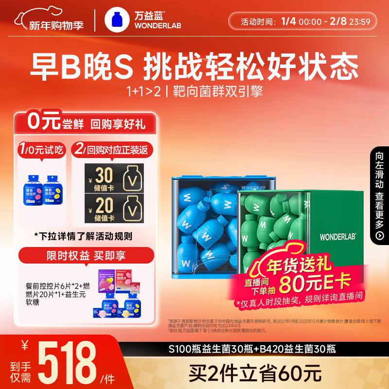 万益蓝WonderLab 早B晚S组合30瓶+30瓶 B420益生菌S100益生元棕色脂肪